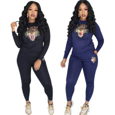 Solid casual tiger head sequin two-piece set