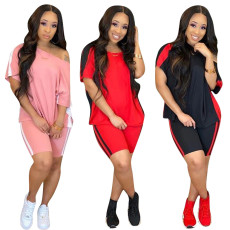 Solid stripe patchwork short sleeve two-piece set