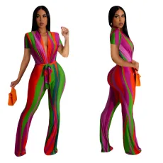 Printed V-neck short-sleeved jumpsuit with belt