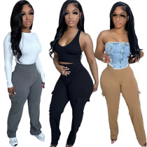 High waist elastic solid color loose casual pants