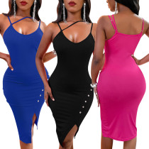 Sexy fashion diagonal split suspender dress