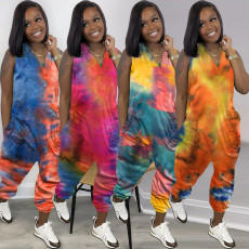 Tie-dyed fashion casual street zipper large jumpsuit
