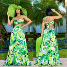 PRINTED BRA LACE-UP FLOOR DRESS