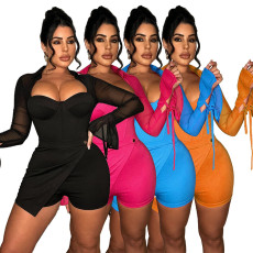 European and American women's mesh patchwork flare sleeve lapel jumpsuit