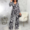 Sexy and fashionable printed long-sleeved V-neck jumpsuit