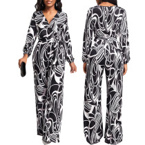 Sexy and fashionable printed long-sleeved V-neck jumpsuit