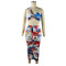 Print wrap chest open back top pleated skirt suit