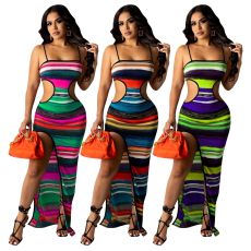 Sexy suspender perforated color printed dress