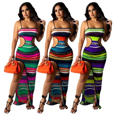 Sexy suspender perforated color printed dress
