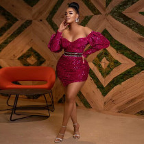 Long sleeve off shoulder sexy beaded tight buttock dress