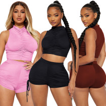 Fashion casual drawcord solid color two-piece set