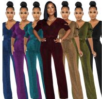 European and American sexy fashion V-neck high elastic gold and silver silk women's jumpsuit