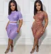 Mesh digital printing short sleeve sexy l two-piece set