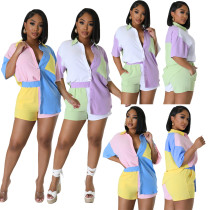 Splice short-sleeve shirt pocket shorts set two-piece