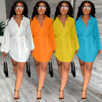 V-neck casual bubble sleeve dress with belt