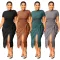 Short sleeve round neck top with strap split skirt suit