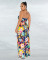 Bra strap holiday style printed wide leg jumpsuit