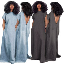 DENIM LOOSE DEEP V OPEN BACK DRESS