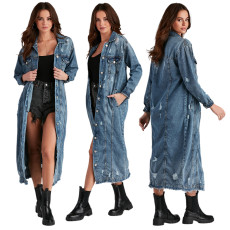 Fashionable perforated long sleeve denim trench coat