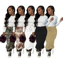 New Solid Color+Camo High Waist Back Split Over Knee Skirt