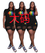 New Fashion Lip Print Burnt Short Sleeve Two Piece Set