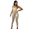 Sexy single sided solid color pleated suspender small foot jumpsuit leather pants