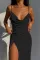 Knitted elastic suspender slit sexy dress