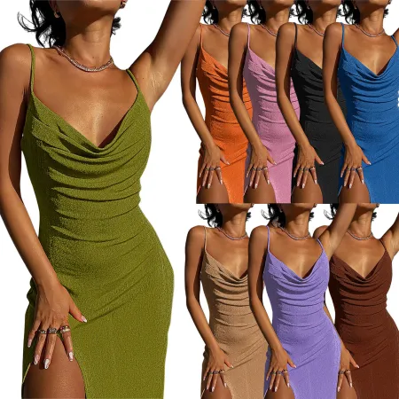 Knitted elastic suspender slit sexy dress