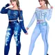 Off Shoulder Long Sleeve Pants Denim Print Set