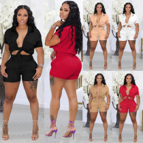 Casual Solid Shirt Lap Collar Short Sleeve Shorts 2 Piece Set