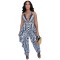 Fashion sexy low cut V-neck strap positioning printed jumpsuit