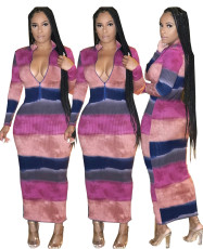 Fashion digital print pit stripe long sleeve dress