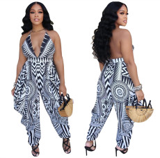 Fashion sexy low cut V-neck strap positioning printed jumpsuit