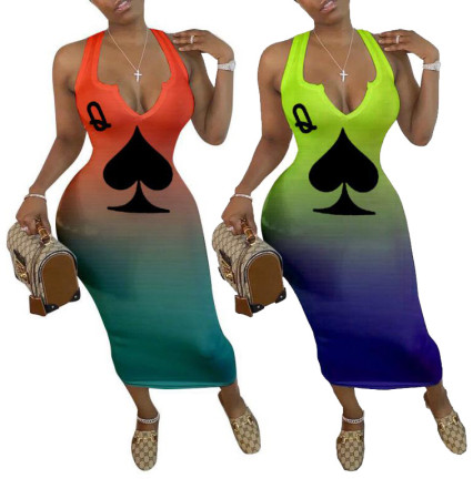 Fashion Playing Card Print Gradient Dress