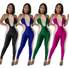 Fashion Hanging Neck Mesh Panel Tight Hip Lift Jumpsuit