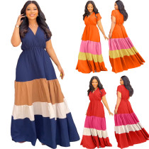 Short Sleeve V-Neck Elastic Waist Loose Fit Long Dress