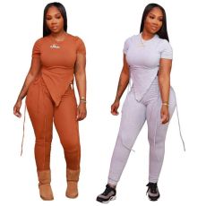Casual tight sexy irregular round neck top pants two-piece set