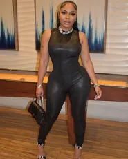 Sexy Round Neck Ice Silk Bright Face Slim Fit Jumpsuit