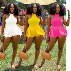 Ruffled Neck Hanging Sexy Solid Color Jumpsuit