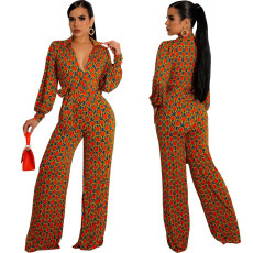 Sexy and fashionable digital printing long-sleeved V-neck jumpsuit
