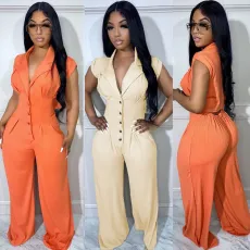 Button rubber band short sleeve standing neck wide leg jumpsuit