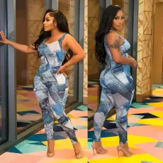 Fashion imitation denim print sexy suspender vest jumpsuit