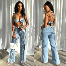 Fashionable ripped skinny jeans pants set