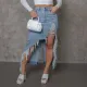 Fashionable frayed fringed denim skirt