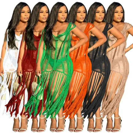 Sexy hand hook cut-out fringed beach skirt