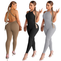 Strap sexy solid color tight high waisted sports jumpsuit