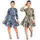 European and American women's dress, long sleeved camouflage printed A-line skirt, cake skirt, including belt