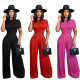 Fashion solid color short sleeved jumpsuit+wide leg pants set