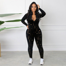 Sexy jacquard hollowed out long sleeved jumpsuit