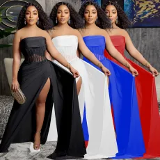 Sexy Backless Perspective Split Bra Sweep Dress